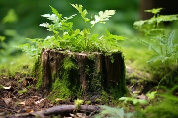 Fototapeta premium green shoots emerging from a cut tree stump