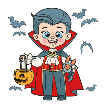 Cute cartoon boy in a Halloween vampire costume with pumpkin for sweets color variation for coloring page on white background