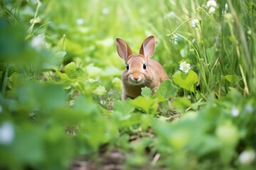 rabbit hopping in a peaceful clover patch