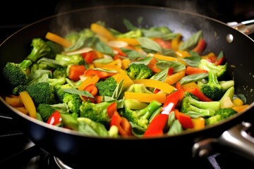 veggies being lightly sauteed in a bright pan