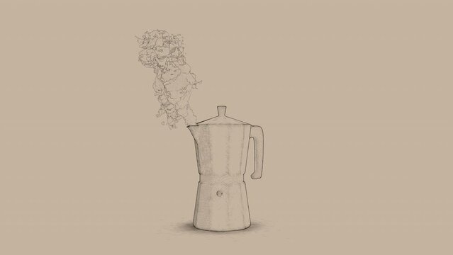 Coffeemaker, Bialetti, Moka Pot. Concept Animation. Seamless Loop. Pencil Sketch Drawing Style.