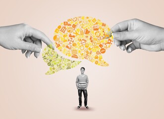 Composite collage of small person and dialogue bubble