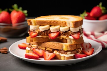 a fruit triple decker sandwich featuring bananas, peanut butter, and strawberries - obrazy, fototapety, plakaty