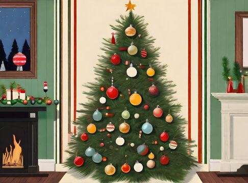 Painted Christmas tree background knolling vintage colors.