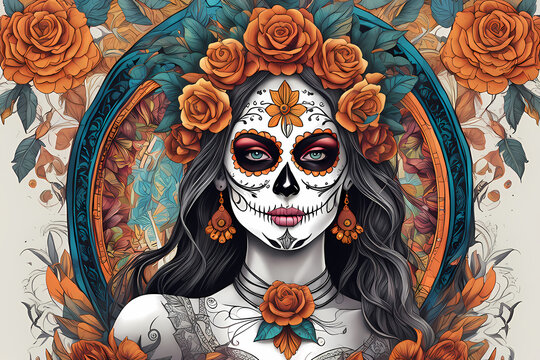 Day of the dead Girl with flowers decorative image ai generative digital art