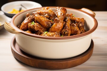 a ceramic dish filled with slow-cooked, honey-glazed chicken wings