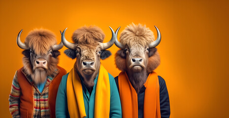 Creative animal concept. Bison in a group, vibrant bright fashionable outfits isolated on solid background advertisement, copy space. birthday party invite invitation banner	
