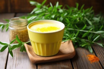 turmeric latte near potted green plant on wooden table