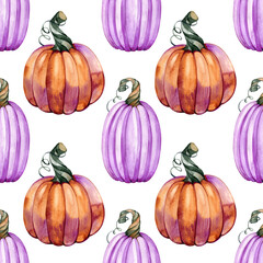 Halloween watercolor seamless pattern, autumn holiday, orange and violet pumpkins, hand drawing design, fall wrapping paper, happy halloween textile design