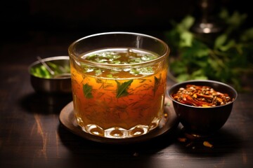 rasam soup in a glass bowl