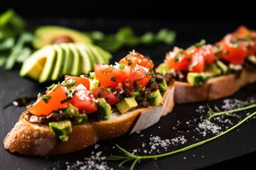 close shot of vegan bruschetta with avocado and sea salt flakes - obrazy, fototapety, plakaty