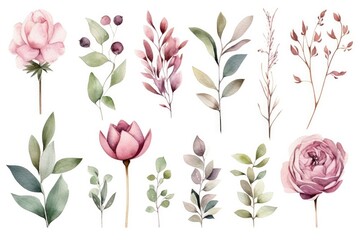 Abstract watercolor peony pattern. Pink blossoms, green leaves, and vintage style. Ideal for textile and card design.