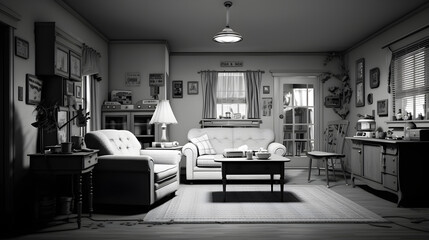 Classic 1950s American living room in black and white - obrazy, fototapety, plakaty