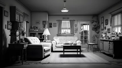 Deurstickers Classic 1950s American living room in black and white © Sunshine Design