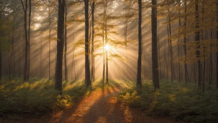 Fototapeten morning in a forest with the first light of dawn © Raosaheb