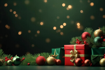Christmas and gift boxes on green and red background