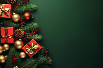 Christmas and gift boxes on green and red background