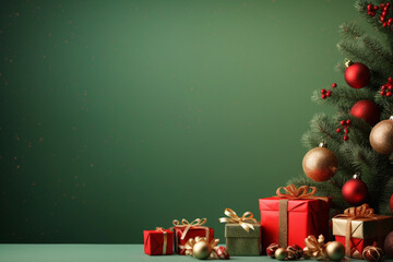 Christmas and gift boxes on green and red background