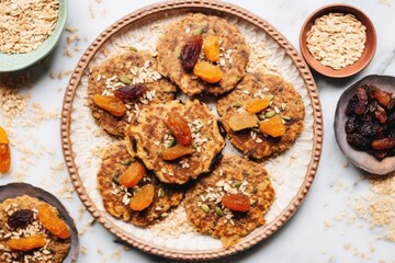 an overhead shot of vegan oats pancakes with dried fruits - obrazy, fototapety, plakaty