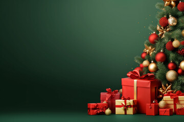 Christmas and gift boxes on green and red background
