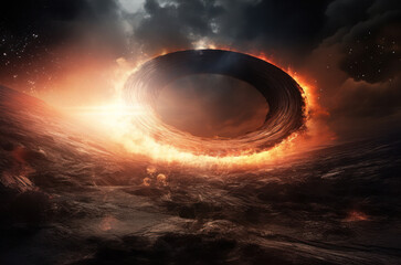 Giant black hole with light halo in the sky - obrazy, fototapety, plakaty