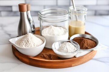 vegan pancake mix ingredients: almond milk, flour, and flaxseed - obrazy, fototapety, plakaty
