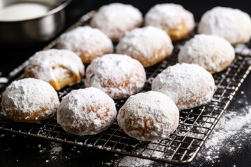 vegan doughnuts dusted with powdered sugar on a wire rack