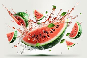 Watermelon pieces in splashes. Watermelon on a white background. AI generated