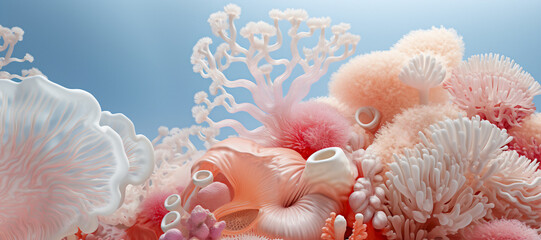 Surreal corals of various shapes and sizes with sea anemones in a blue ocean setting. The coral and sea anemones are in various shades of pink, orange, and white. 