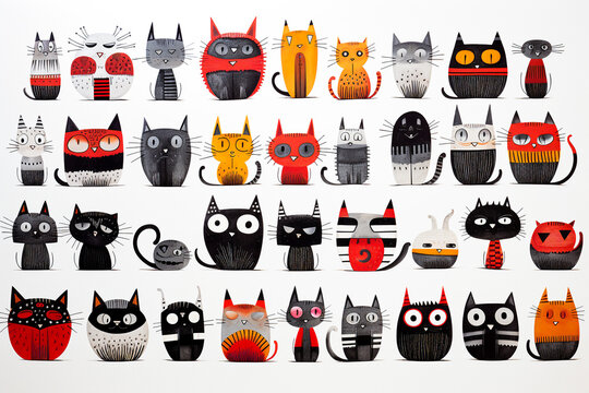 A collection of illustrations of cats with different expressions. The cats are all different colors and styles, arranged in a grid-like pattern. The background is white.