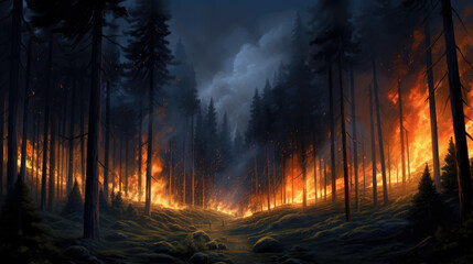 Intense flames from a massive forest fire. Flames light up the night as they rage thru pine forests
