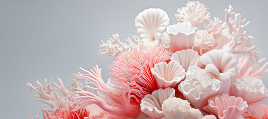 A collection of coral-like surreal structures in various shades of pink and white, arranged in a way that they appear to be growing out of one another. Grey background. Dreamy, ethereal mood.