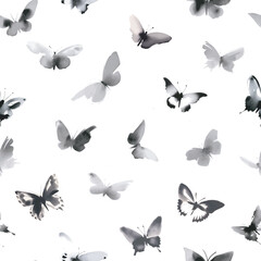 Sumi-e-inspired seamless vector pattern with butterflies. Can be used for wallpaper, pattern fills, textile, web page background, surface textures.