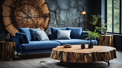 A rustic home interior design of a living room includes a blue velvet sofa with grey pillows and a blanket near a Venetian stucco wall with a tree cross-section as wall decor