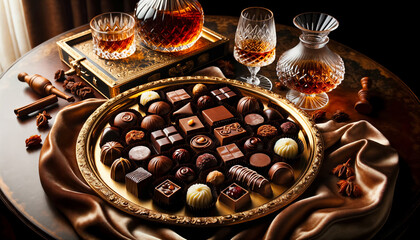 assorted chocolates on a luxurious golden tray. The chocolates vary in shapes and fillings, and are set against a rich, dark velvet background. Crystal glasses and a decanter filled with aged cognac