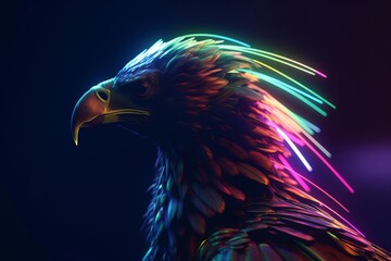 Obraz premium Falcon with bright colorful shades. Wildlife predator in darkness with neon colors. Generate ai