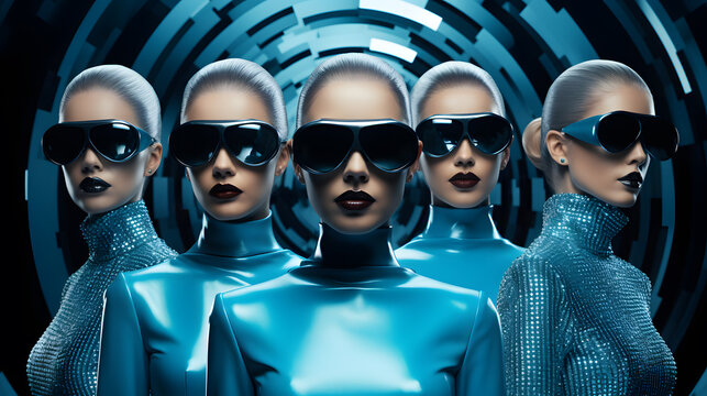 Group of women in sunglasses, surreal fashion photo