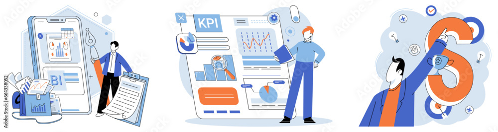 Poster analysis tool. business intelligence. vector illustration finance and optimization are interconnecte