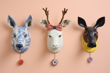 ceramic animal head wall mounts against a pastel background
