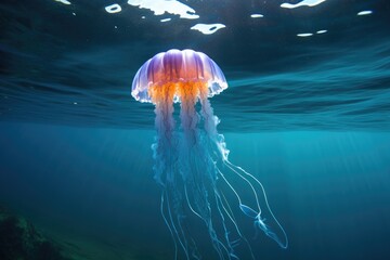 jellyfish suspended in clear, blue ocean water - obrazy, fototapety, plakaty