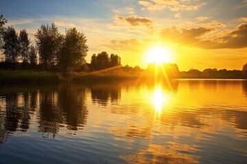 Fototapeta na wymiar golden evening sunbeams glisten on a tranquil pond