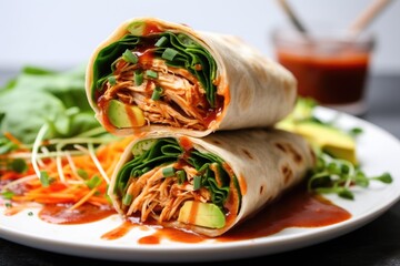 a filled wrap with vegan chicken and sriracha - obrazy, fototapety, plakaty
