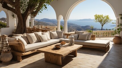 Obraz na płótnie Canvas A rustic lounge sofa and a coffee table are set on a white stone terrace, embodying traditional Mediterranean architecture and offering a view of the sea
