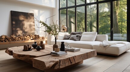 A rustic live edge tree stump accent coffee table is placed near a white corner sofa, defining the Scandinavian home interior design of the modern living room - obrazy, fototapety, plakaty