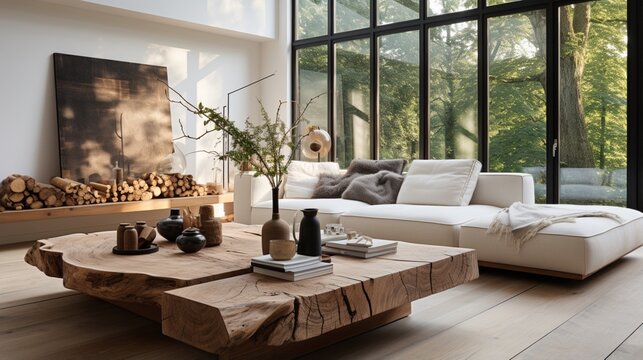 A rustic live edge tree stump accent coffee table is placed near a white corner sofa, defining the Scandinavian home interior design of the modern living room