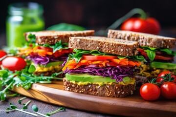 healthy sandwiches with whole grain bread and vegetables - obrazy, fototapety, plakaty