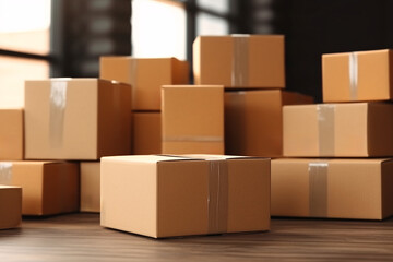 Cardboard boxes on table in warehouse, closeup. Logistics and wholesale