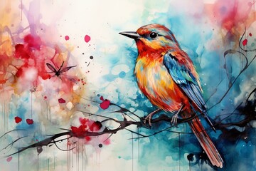 Artistic watercolor birds. Generative AI