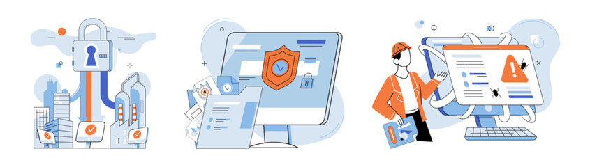Information privacy. Vector illustration. Services manage databases must prioritize datsecurity and privacy Guards and defenses shield sensitive information from cyber threats Saving personal - obrazy, fototapety, plakaty