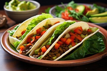 vegan tacos with lentils, lettuce, and bell peppers on a ceramic plate - obrazy, fototapety, plakaty
